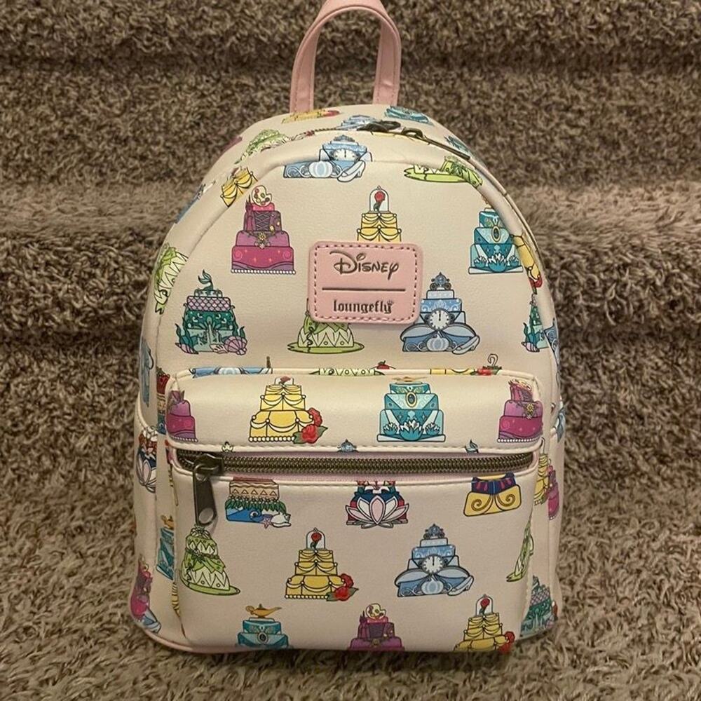 Loungefly Disney Princess Cakes Mini Backpack Pink AOP NWT Beauty Beast Belle